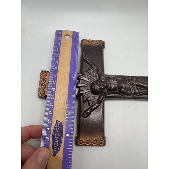 Metal Crucifix Brown with copper coloured floral hightlights Fair Vintage VTG - Picture 2 of 7